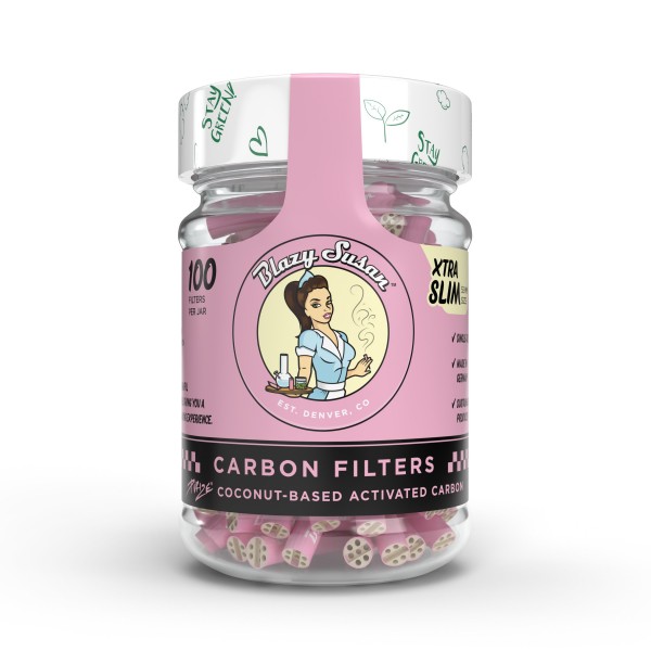 Blazy Susan x Purize Charcoal Activated Filter Tips Xtra Slim Size Pink 100CT Jar, thc, dry